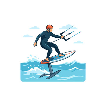 Kitesurfer riding hydrofoil board on wavy ocean, active lifestyle, extreme sport