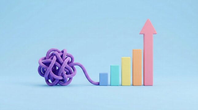 Tangled knot untangling into rising bar chart with growth arrow concept