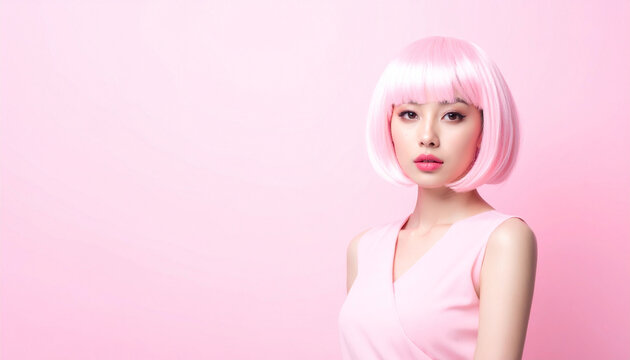 Beautiful asian woman with pink bob wig on pastel pink background with copy space.
