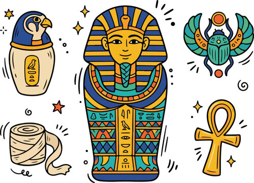 Cartoon egyptian sarcophagus, canopic jar, scarab, and ankh pharaoh