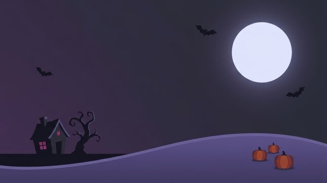 Haunted house under full moon with bats flying pumpkins on hillside Halloween night scene