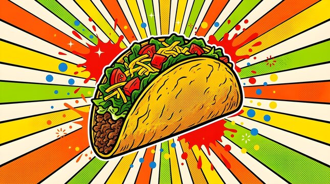 Cool looking mexican food taco in colorful pop art comic style illustration.