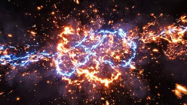 Dynamic clash of bright blue and orange energy streams, creating explosive sparks and glowing particles against dark background, abstract motion footage.