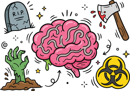 Cartoon zombie brain, tombstone, hand, axe, and biohazard symbol