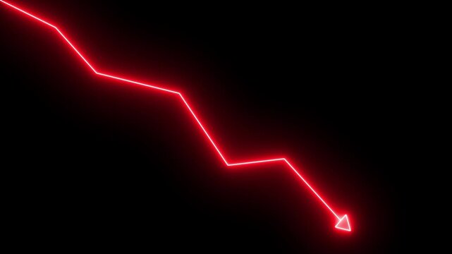 Glowing red neon downward graph with arrow indicating decline, loss, and negative trends on a dark, abstract background, perfect for conveying risk,  on black background