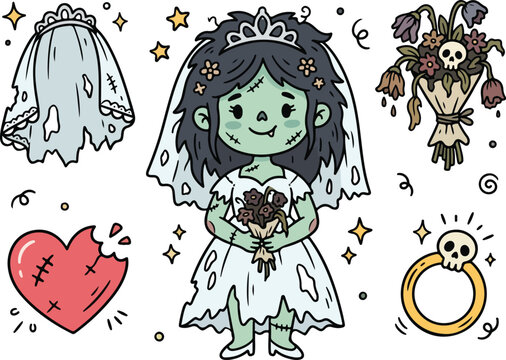 Cute zombie bride with wedding and heart dress veil