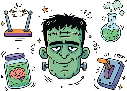 Frankenstein's monster head with brain jar, flask, switch, and electrodes