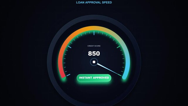 Credit score gauge displays approval speed with animated needle movement. Score increases from 720 to 849 on glowing orange-to-green scale