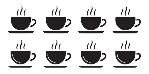 Fototapeta premium Minimalist black coffee cup icons with steam on transparent background for cafe menus and signage.
