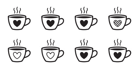 Fototapeta premium Cute coffee cup icon set featuring steam and romantic heart designs for cozy cafe and menu styling.
