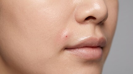 Fototapeta premium Close up of a single red pimple blemish on female cheek skin