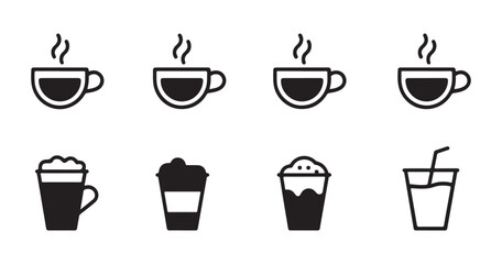 Obraz premium Assorted coffee cup and cold beverage line icons on transparent grid for cafe menus and websites.
