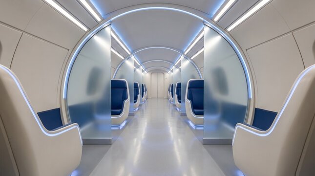 Futuristic hyperloop capsule cabin interior featuring sleek aerodynamic seating pods, smart privacy divider screens and minimalist blue ambient glow lighting