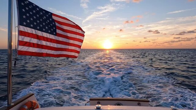 American flag waves on boat stern at sunset leaving wake on ocean water cinematic footage.