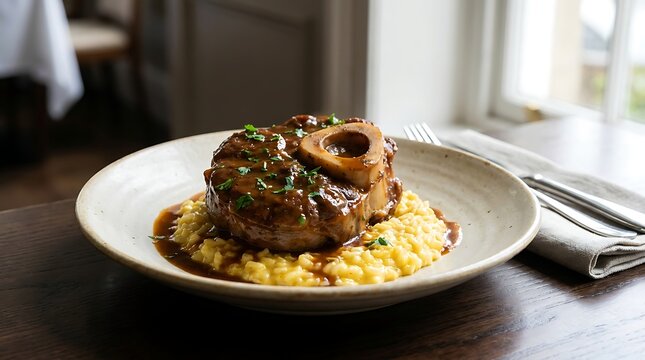 Delicious osso buco dish with tender veal shank and creamy risotto served on a plate in restaurant. veal osso bucco