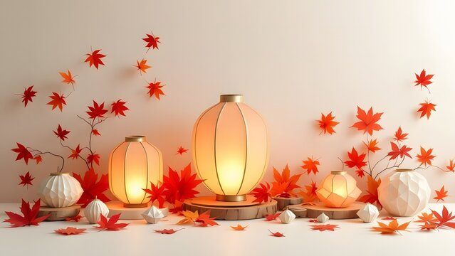Decorative paper lanterns surrounded by autumn leaves on wooden bases