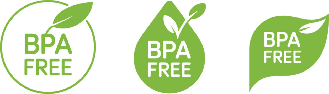 Three green bpa free labels and symbols with leaf indicating plastic safety and non-toxic on a white background