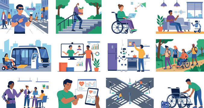 Assistive Technology Disability Accessibility and Inclusion Vector Set with Smart Eyewear Wheelchair Mobility Prosthetics and Smart Home Systems for Healthcare Websites Designs
