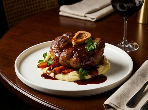 Delicious osso buco veal shank with creamy mashed potatoes and red wine sauce on a dining table. veal osso bucco