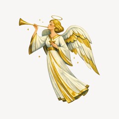 Fototapeta premium Illustration of an angel with a trumpet, halo, and golden wings.