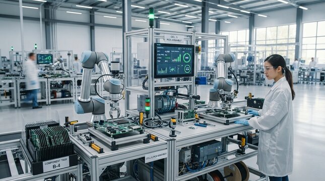 Female Engineer Monitoring Automated Robotic Arm for PCB Assembly in a Modern Electronics Factory