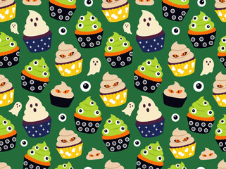 Fototapeta premium Halloween seamless pattern with spooky monster cupcakes, ghosts, and eyeballs on a green background. Flat vector illustration for holiday fabric and wrapping paper.