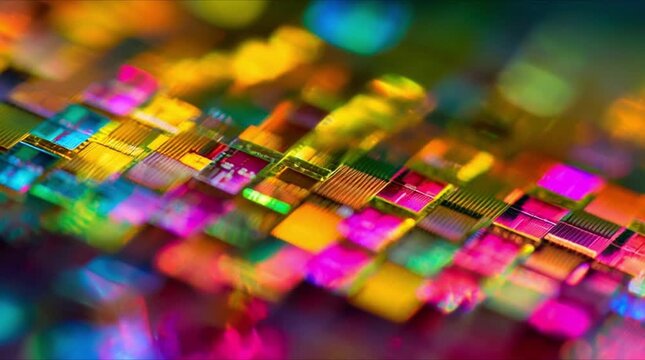 Detailed macro view of silicon microchip wafer pattern with vibrant rainbow prism reflections and colorful square die array during precision semiconductor manufacturing process (AI Generated)