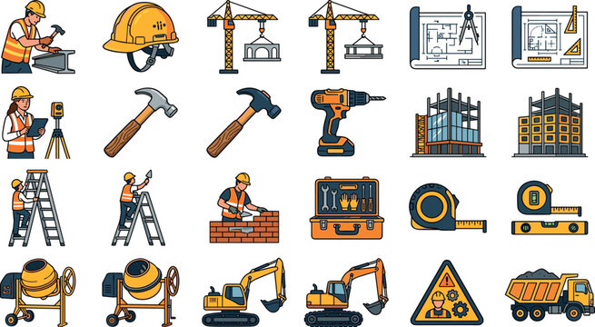 Building Construction and Architectural Engineering Vector Icon Set with Hardhat Crane Blueprint Machinery and Workers Symbols for Industrial Development Websites