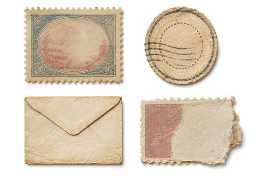 Vintage postage stamp collection and antique postal envelope paper elements offer classic retro mail ephemera.