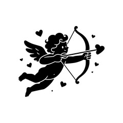 Fototapeta premium Romantic Cupid vector illustration featuring a charming winged character holding a bow and heart-tipped arrow in a clean minimalist style. Perfect for Valentine’s Day, love, romance, weddings, anniver