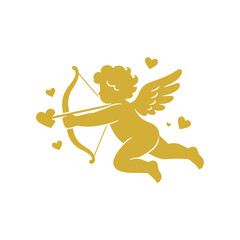 Fototapeta premium Romantic Cupid vector illustration featuring a charming winged character holding a bow and heart-tipped arrow in a clean minimalist style. Perfect for Valentine’s Day, love, romance, weddings, anniver
