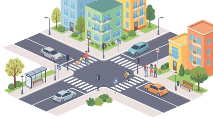 Fototapeta premium City Intersection with Cars, Pedestrians and Buildings - Isometric View