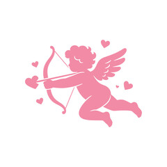 Fototapeta premium Romantic Cupid vector illustration featuring a charming winged character holding a bow and heart-tipped arrow in a clean minimalist style. Perfect for Valentine’s Day, love, romance, weddings, anniver