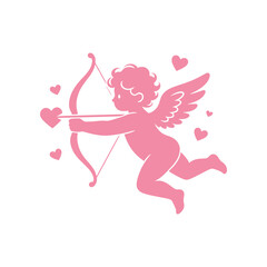 Fototapeta premium Romantic Cupid vector illustration featuring a charming winged character holding a bow and heart-tipped arrow in a clean minimalist style. Perfect for Valentine’s Day, love, romance, weddings, anniver