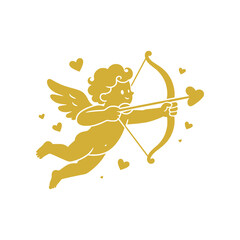 Fototapeta premium Romantic Cupid vector illustration featuring a charming winged character holding a bow and heart-tipped arrow in a clean minimalist style. Perfect for Valentine’s Day, love, romance, weddings, anniver