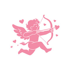 Fototapeta premium Romantic Cupid vector illustration featuring a charming winged character holding a bow and heart-tipped arrow in a clean minimalist style. Perfect for Valentine’s Day, love, romance, weddings, anniver