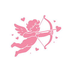 Fototapeta premium Romantic Cupid vector illustration featuring a charming winged character holding a bow and heart-tipped arrow in a clean minimalist style. Perfect for Valentine’s Day, love, romance, weddings, anniver