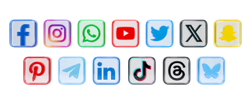 Rounded square social media icons set with 3D glass effect app icons 3D Social media icons 2026. social network logos collection