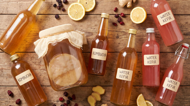 Glass jars of kombucha and kefir in bright kitchen, fermented probiotic drinks healthy lifestyle