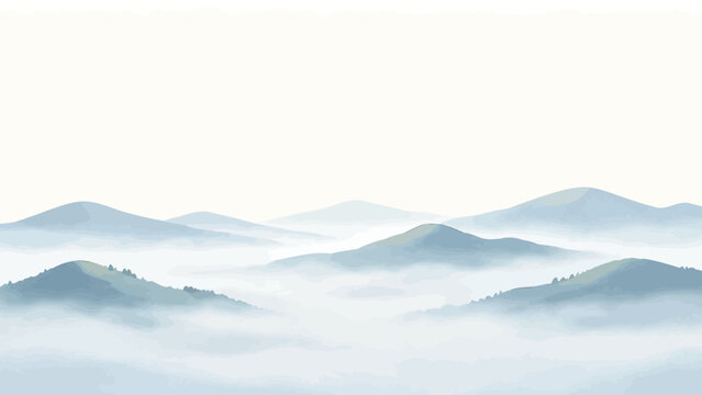 Ethereal misty mountain landscape with rolling hills in soft blues and whites, serene watercolor style