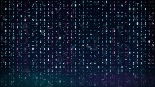 Abstract digital data stream with scrolling binary code and symbols on dark blue background