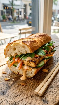 Crispy Grilled Tofu Banh Mi Sandwich with Fresh Herbs, Crunchy Vegetables, and Drippy Spicy Aioli on a Rustic Wooden Table &mdash; A golden-brown crusty baguette is sliced open and generously filled with ch