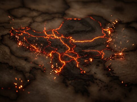 Abstract Charred Map of the Balkans with Glowing, Crackling Fire Lines and Embers
