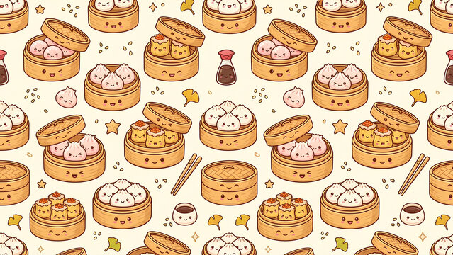 Seamless pattern with cute dim sum dumplings in bamboo steamers.