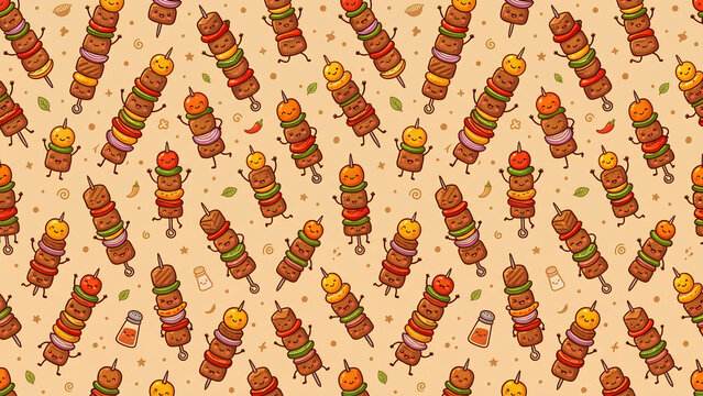 Seamless pattern with cute cartoon shish kebab skewers.