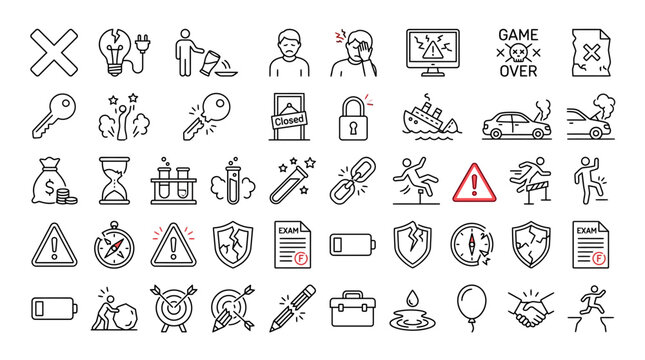 Minimalist error and failure line icons, 45 technical problem and risk symbols, black outline vector set for UI design