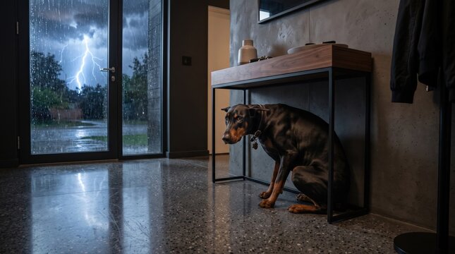 A Doberman dog hides under a console table, anxious during a lightning storm outside. This scene emphasizes pet anxiety and animal welfare during severe weather.