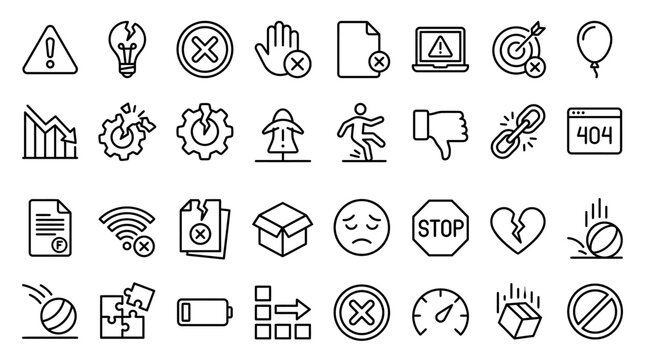 Failure and error line icons set, 32 vector symbols of problems and mistakes, black outline warning and risk signs for web design