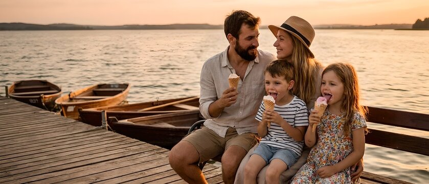 Happy Family of Four Enjoying Ice Cream on a Wooden Dock at Sunset by a Calm Lake &mdash; A smiling family&mdash;father with a beard in a light button-up shirt and khaki shorts, mother in a floral dress and a str