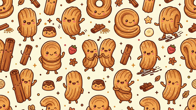 Seamless pattern with cute cartoon churros and cinnamon sticks.